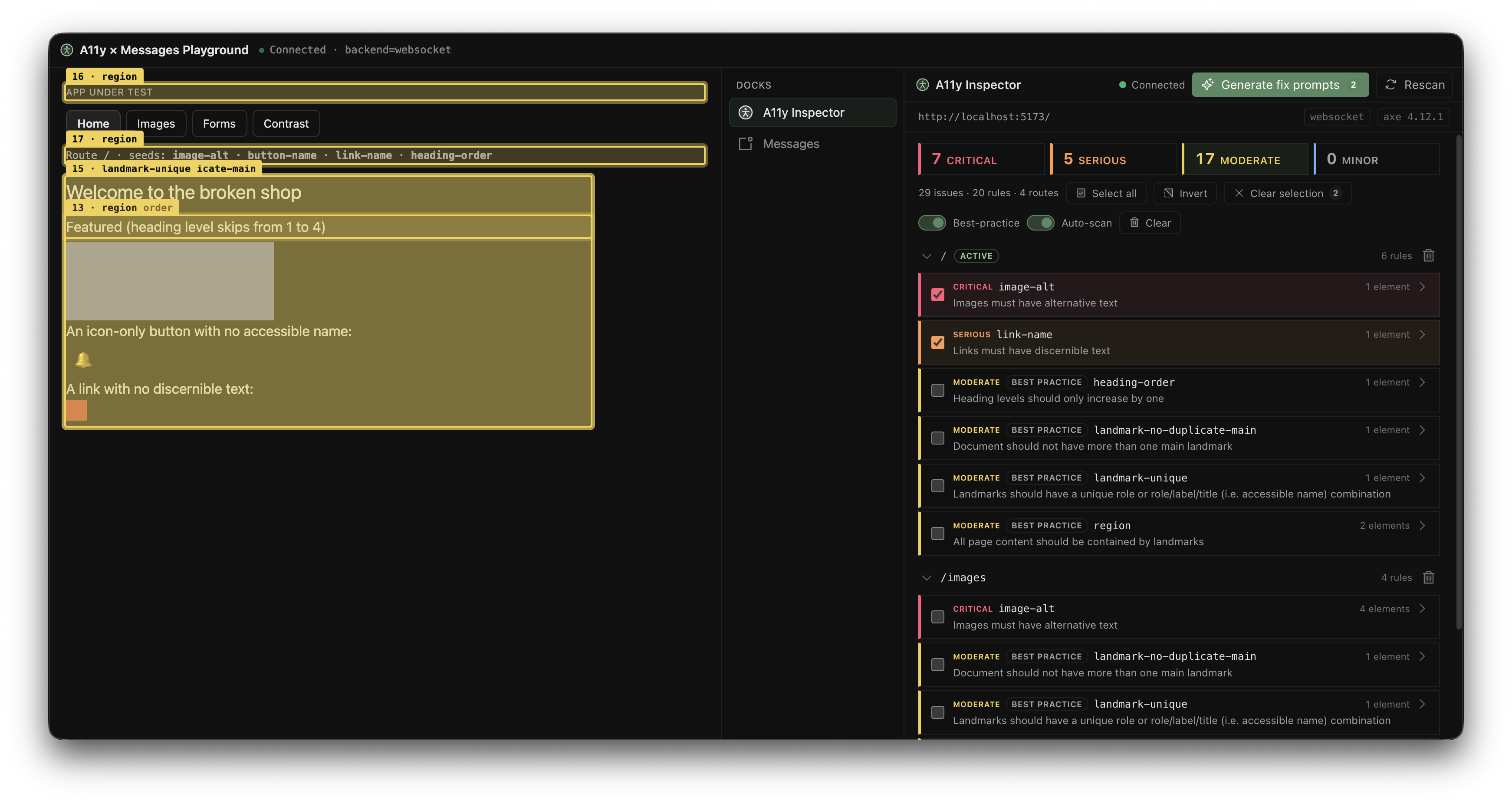 Accessibility Inspector highlighting violations in the host application