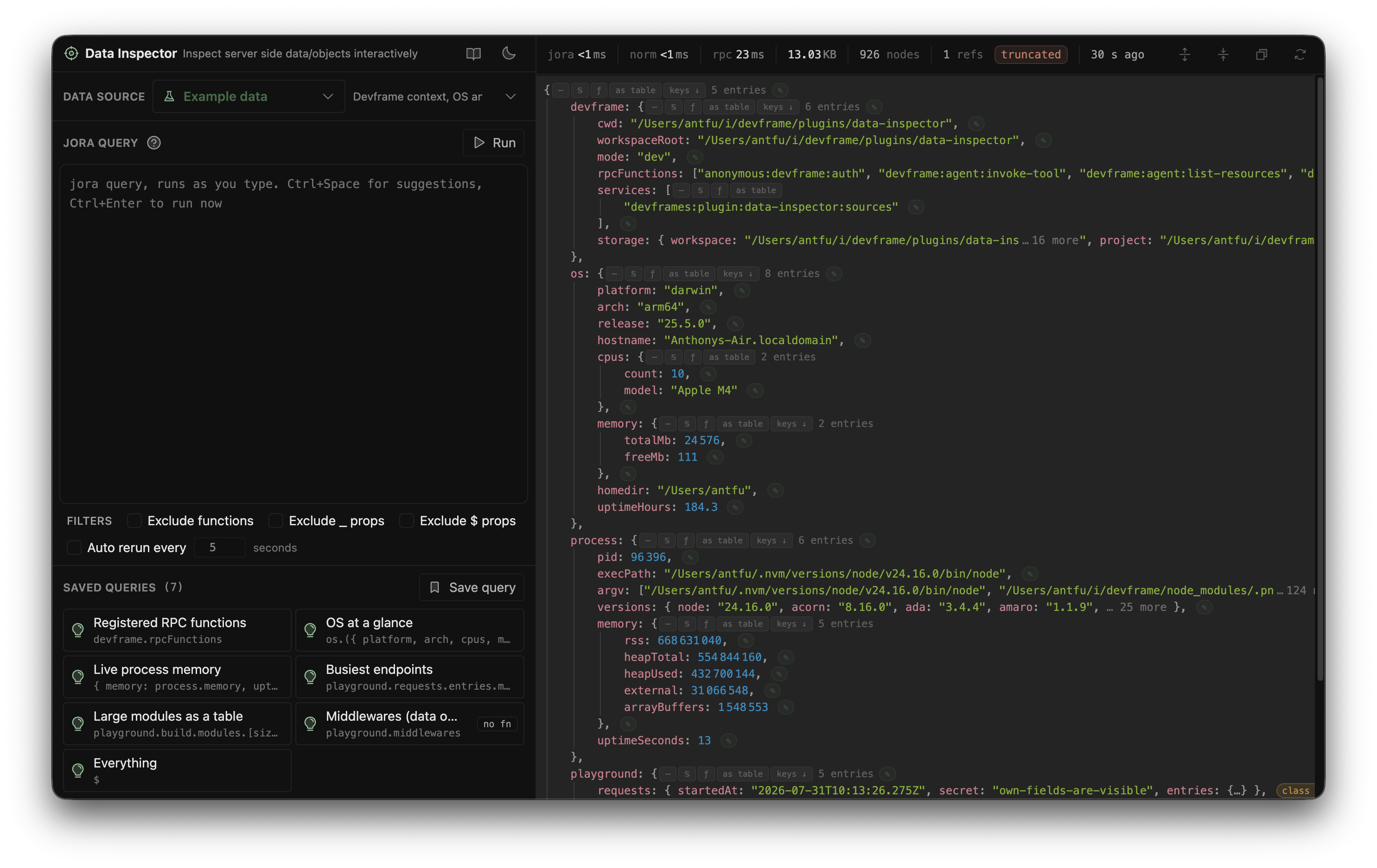Data Inspector exploring a live data source